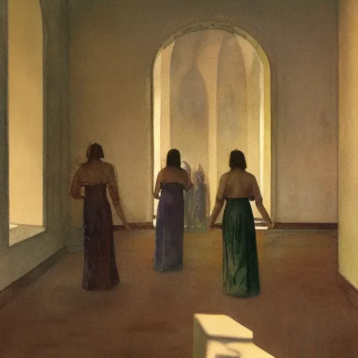 Image similar to procession of ivory golden women in a soviet abandoned temple, dripping watercolor by hammershøi, highly detailed, art nouveau wallpaper, lights by edward hopper, liminal, eerie, pastel colors, limited palette