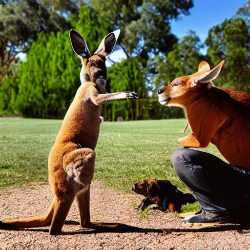 Image similar to a Muscular kangaroo and a dog look at each other, blue sky, garden, highly detailed, high quality, award winning