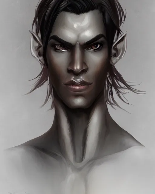 Prompt: portrait of a feminine male dark elf, dark obsidian skin, long hair, fantasy, feminine, elegant, intricate, highly detailed, digital painting, artstation, concept art, sharp focus, illustration