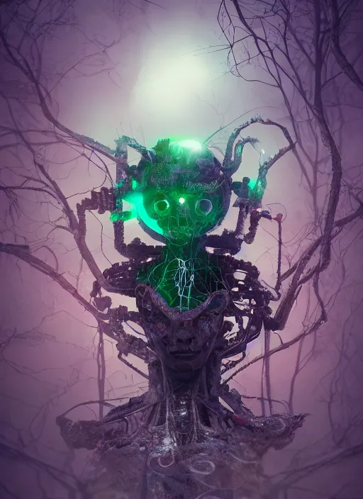 Image similar to a mad small psychedelic surreal horror cyborg in the chaotic spirit forest, bizarre conceptual art, filmic, fulcolor octane render, 1 6 k 4 d, cinematic, ultra - realistic