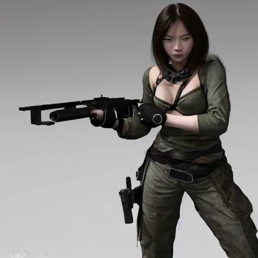 Prompt: a female android martial-artist/mercenary holding a rifle Photorealistic HD 8k highlights and shadow detailed High Resolution