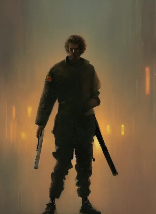 Image similar to Ronald McDonald in Tactical Gear with a baseball bat, blade runner 2049 concept painting. Epic painting by Craig Mullins and Alphonso Mucha. ArtstationHQ. painting with Vivid color