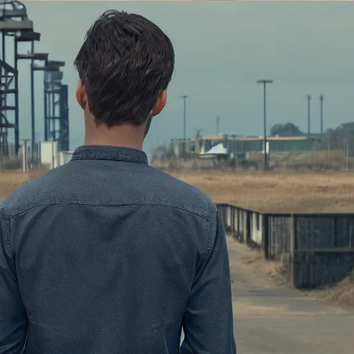 Image similar to a guy in a grey shirt with long sleeves and wearing dark blue jeans, dark black hair and no visible facial hair at all looking in the distance to see a factory plotting something ( highly detailed, and cinematic movie shot, greatly illustrated, photo - realistic, hyperrealistic image, 4 k, uhd, good quality still frame photo )