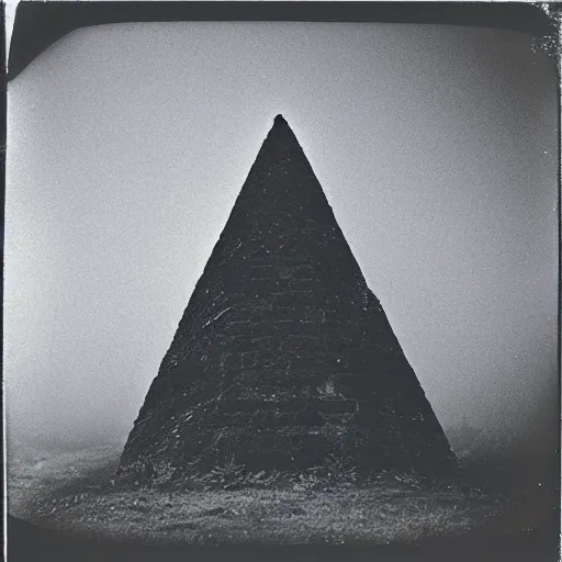 Image similar to a stone pyramid in the middle of a forest clearing, foggy, eerie, creepy, unsettling, lost footage, old polaroid, expired film,