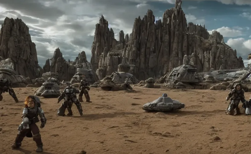 Image similar to still image screenshot floating boulder planet, castles floating in mid air, jedi temples from the tv show mandalorian on disney +, knights of ren scene with a dozen jedi soldiers igniting lightsabers looking up at - at imperial walkers, anamorphic lens, 3 5 mm film kodak