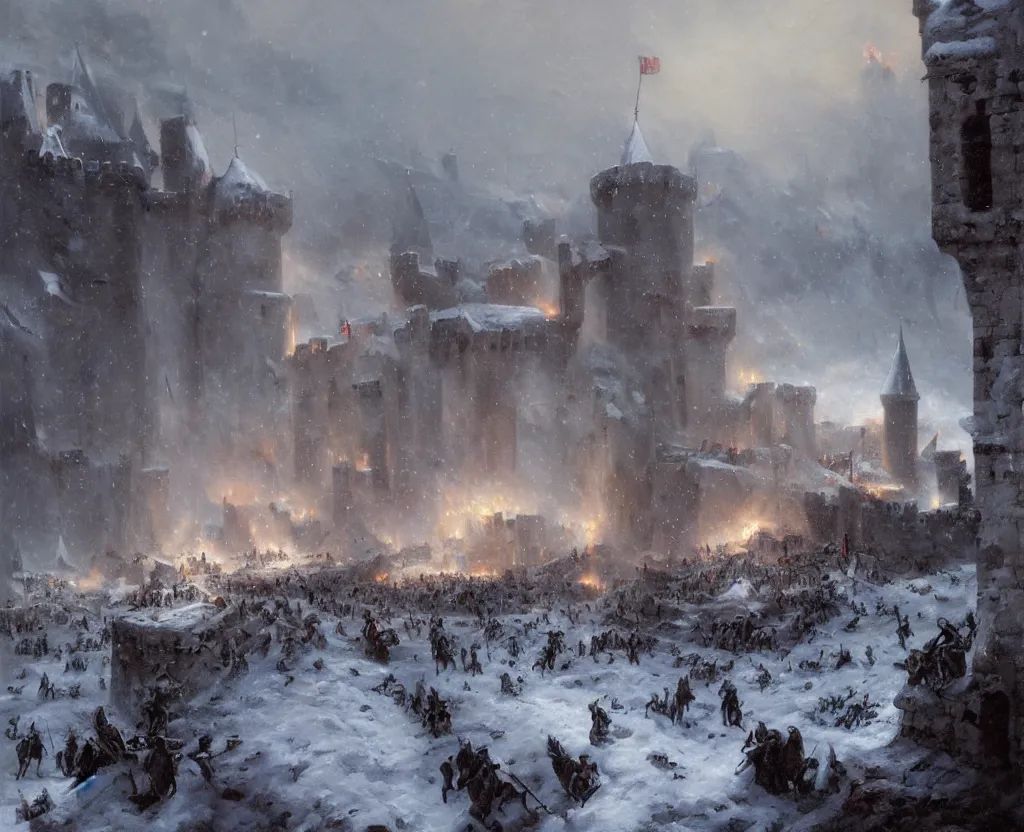 Image similar to Siege of a medieval castle in winter while two great armies face each other fighting below and catapults throw stones at the castle destroying its stone walls, heavy snow storm, fantasy, medieval, fire, explosions and grey smoke here and there, highly detailed, Artstation, oil on canvas painting by greg rutkowski