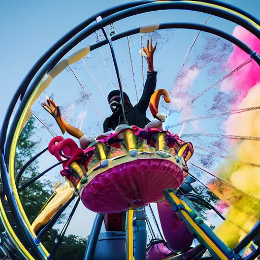 Prompt: death grips riding tilt - a - whirl at a carnival, eating cotton candy, mc ride, zach hill, andy morin,