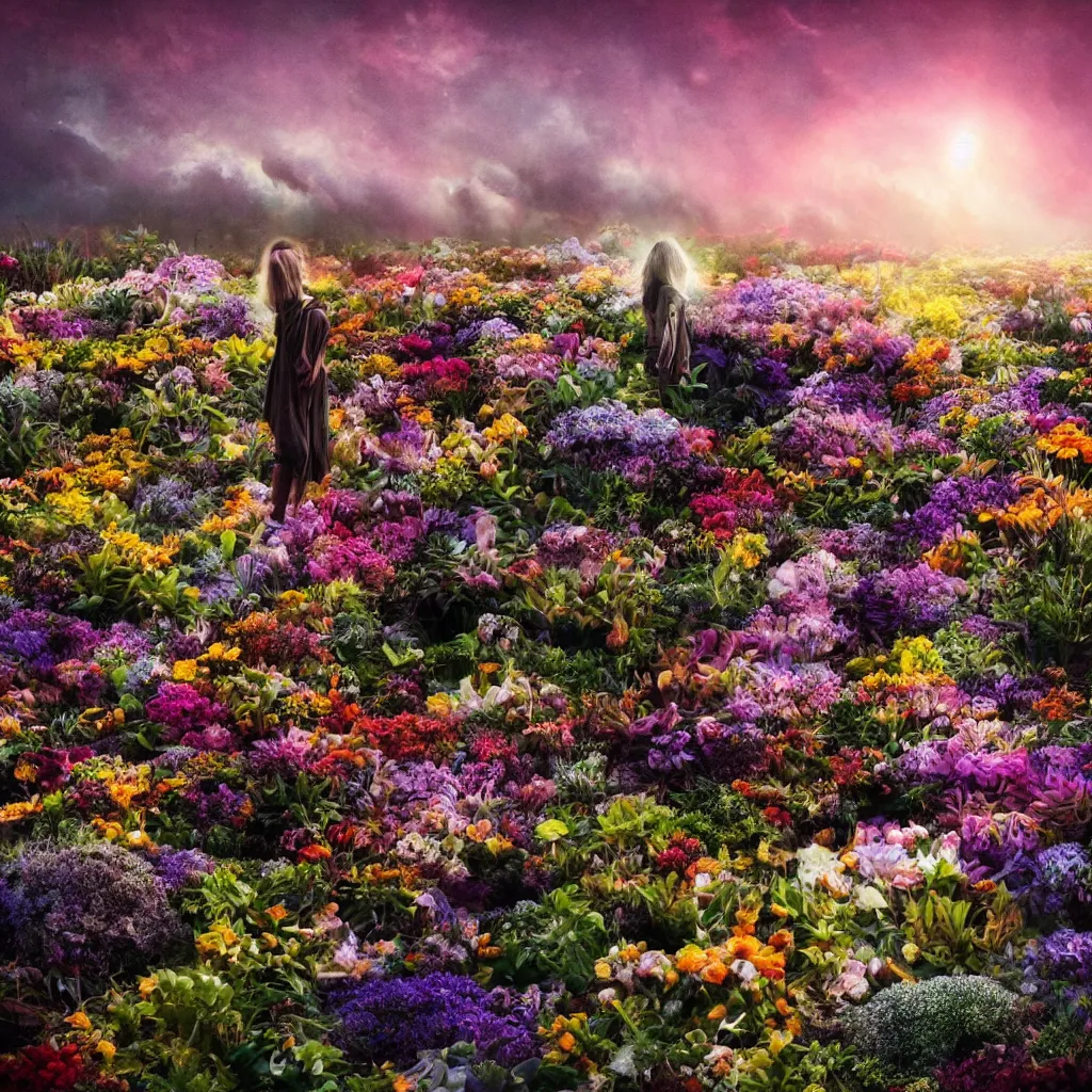 Image similar to a planet of various flowers, fungus and plants, in which the human figure is dressed in something magical and impressive, inside the picture is infinity, sunset light, Atmospheric phenomenon, artistic photography, muted colors, conceptual, long exposure outside the city