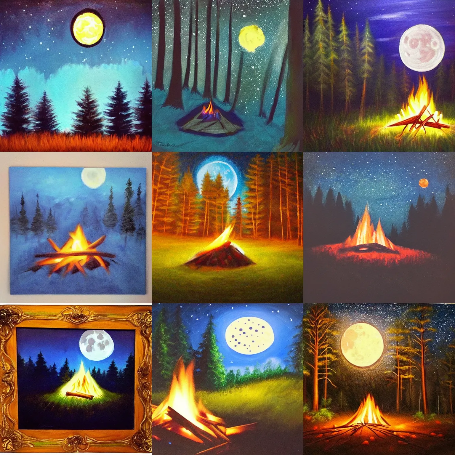 Prompt: forest at night, lit campfire on the ground, moon in the sky, beautiful painting