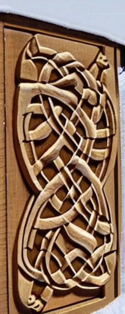 Prompt: celtic wood carvings epic nordic old snow and salt