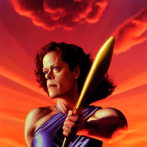 Prompt: Sigourney weaver as goddess Athena, Flying in a Red clouded Sky, by Alex Ross, atmospheric lighting, painted, intricate, golden hour, ultra detailed