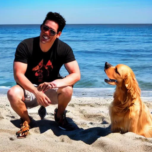 Image similar to markiplier sitting on the beach with a golden retriever. photograph. low angle. high quality.