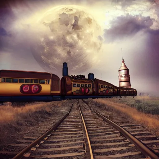 Image similar to steampunk train flying towards the moon