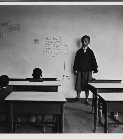 Prompt: photograph of a child at the blackboard , the teacher looks at him , 1950s , photograph by Erwin Olaf,-W 1024