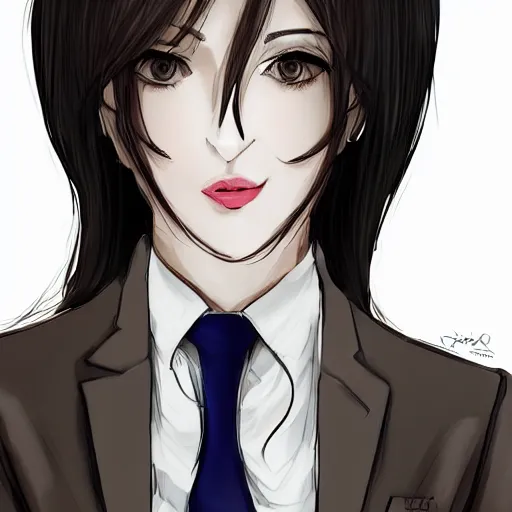 Prompt: woman in black business suit, chill, light brown neat hair, pixiv, fanbox, trending on artstation, portrait, digital art, modern, sleek, highly detailed, formal, serious, determined, blue tie, lawyer, colorized, smooth, charming, pretty, briefcase, safe for work