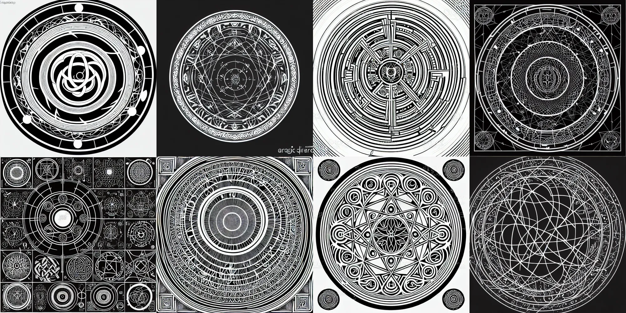 Prompt: magic circle, an intricate diagram of arcane symbolism, vector art, mystical, trending on polycount, white on black background, rotational symmetry, radial symmetry
