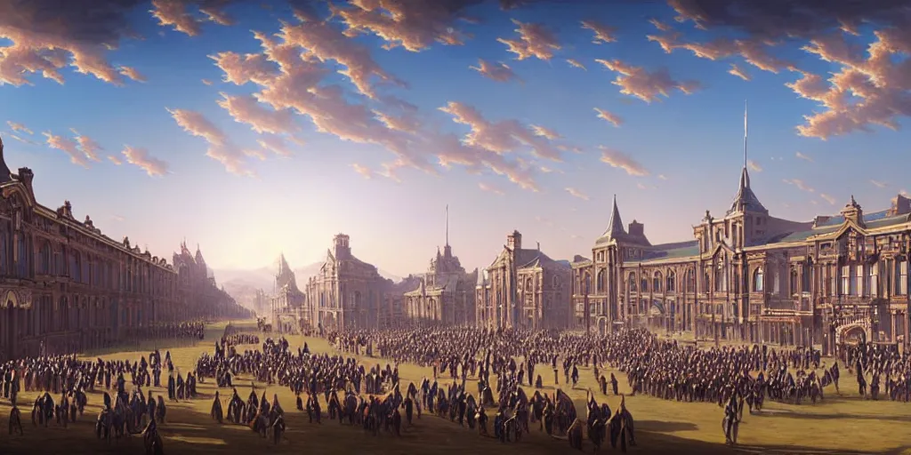 Prompt: a grand victorian parade ground, no people, town setting, blue sky, sunny, detailed, volumetric, cinematic lighting, realistic, digital art by greg rukowski