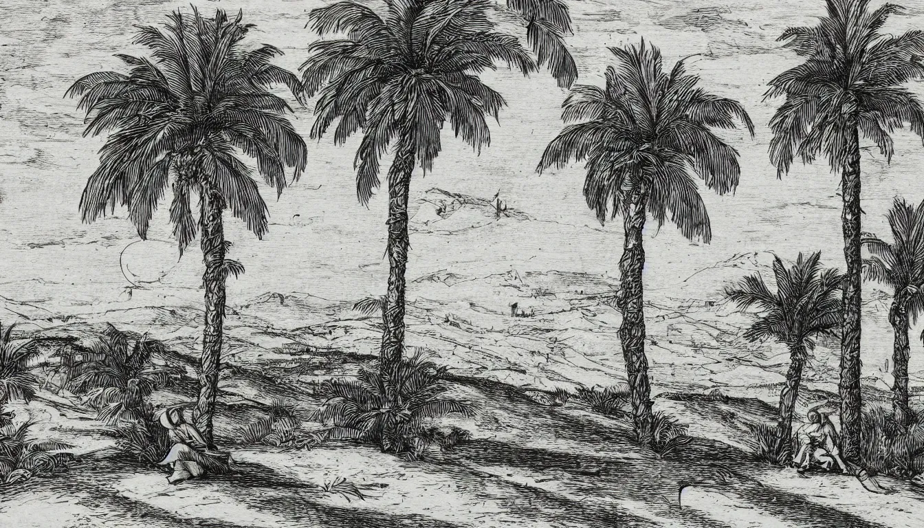 Image similar to a person sits on a large hill while wind blows the palm trees, pen and ink, 1 5 0 0 s, 8 k resolution