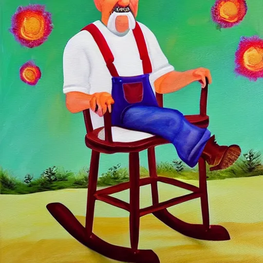 Image similar to a painting of grandpa yocheved wearing overalls on a rocking chair, telling stories, cute and wonderful vivid painting