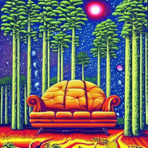 Prompt: psychedelic trippy couch pine forest, planets, milky way, sofa, cartoon by rob gonsalves spruce s - 4 2