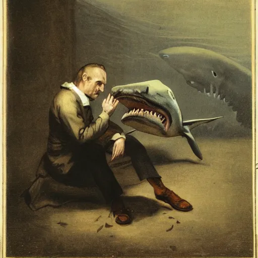 Image similar to a man eating a shark