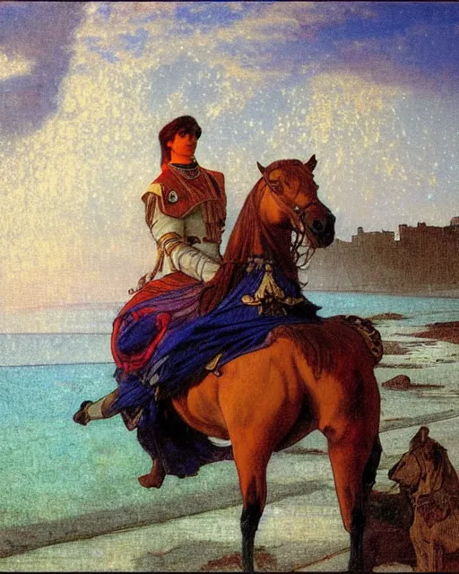 Image similar to Magician riding a horse leaving the castle through the bridge, thunderstorm, beach ocean on the background major arcana sky, paul delaroche, alphonse mucha, arnold böcklin, hyperrealistic 8k, very detailed