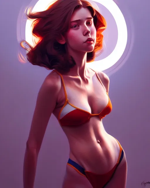 Image similar to hyper - realistic portrait of a pop art girl, dynamic wavy hair, perspective body anatomy, detailed designs, digital painting, 4 k, by ilya kuvshinov, by greg rutkowski, atmospheric lighting