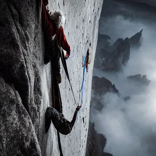 Image similar to adam ondra, portrait, style gandalf the grey, lord of the rings, painting, epic lighting