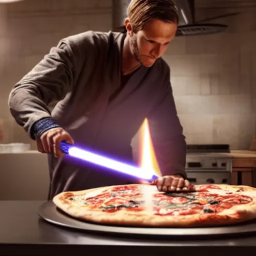 Prompt: a jedi using his lightsaber to cook a pizza, 8 k, cinematic, hd, photorealistic, exquisite detail, kitchen