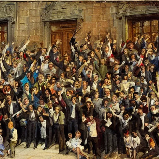 Image similar to A painting of a large group of people cheering at a rising stock chart behind them