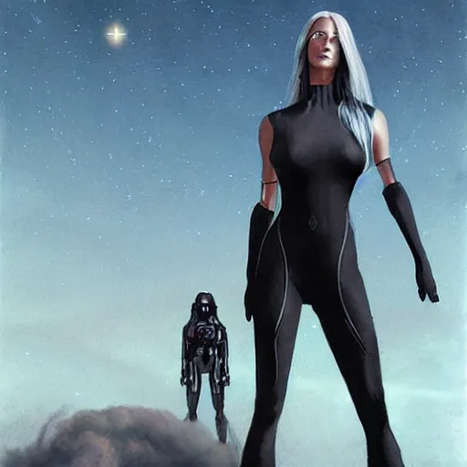 Prompt: pleiadian woman with big eyes and long silver hair wearing a dark body suit and holding a plasma gun standing in barren fields, art by greg rutkowski