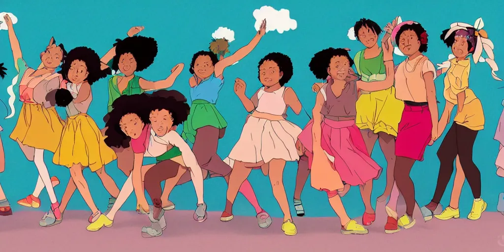 Prompt: colourful, beautiful black girls dancing ,in the style of studio Ghibli,