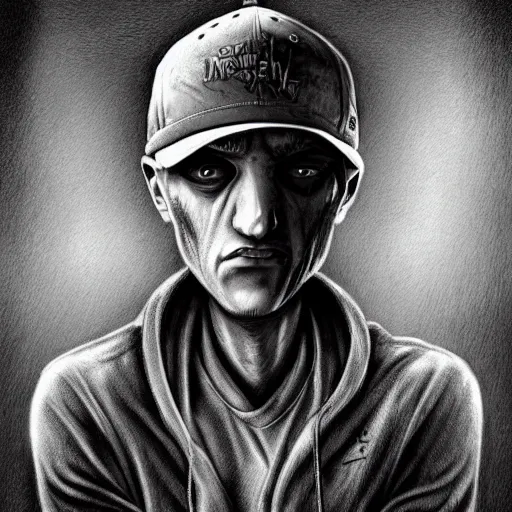 Image similar to michael karcz grunge drawing of eminem. , in the style of corpse bride, loony toons style, horror themed, detailed, elegant, intricate, trending on artstation, 4k