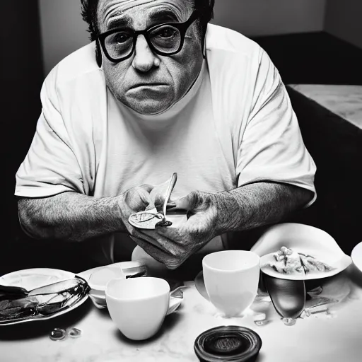 Prompt: danny devito eating soup ( sony a 7 r iv, symmetric balance, polarizing filter, photolab, lightroom, 4 k, dolby vision, photography awardm, voque, perfect face )