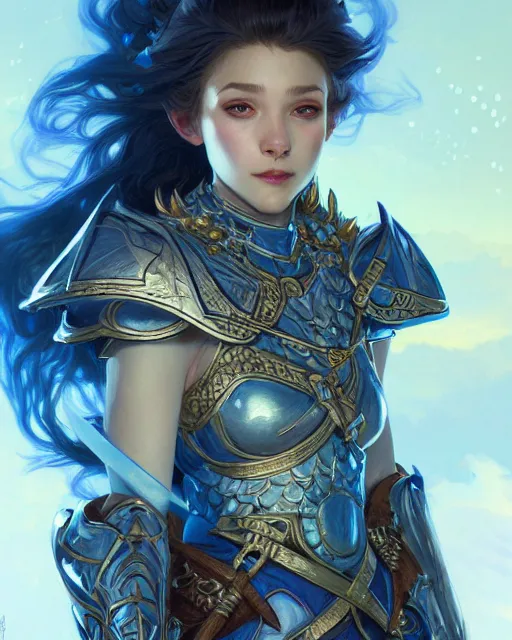 Image similar to Portrait of a Fantasy azure knight, moonlit, HD, illustration, epic, D&D, fantasy, intricate, elegant, highly detailed, digital painting, artstation, concept art, smooth, sharp focus, illustration, art by artgerm and greg rutkowski and alphonse mucha, monster hunter illustrations art book