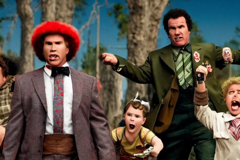 Image similar to will ferrell as an exaggerated caricature of a children in the new movie directed by quentin tarantino, movie still frame, promotional image, critically condemned, top 6 worst movie ever imdb list, symmetrical shot, idiosyncratic, relentlessly detailed, limited colour palette