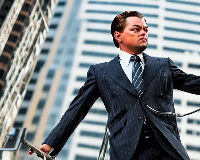 Image similar to leonardo dicaprio as the wolf of wall street, cinamtic, long shot, hyper detailed, highly detailed face, 8 5 mm photograph, 8 k resolution, film still, sharp lens, wide lens