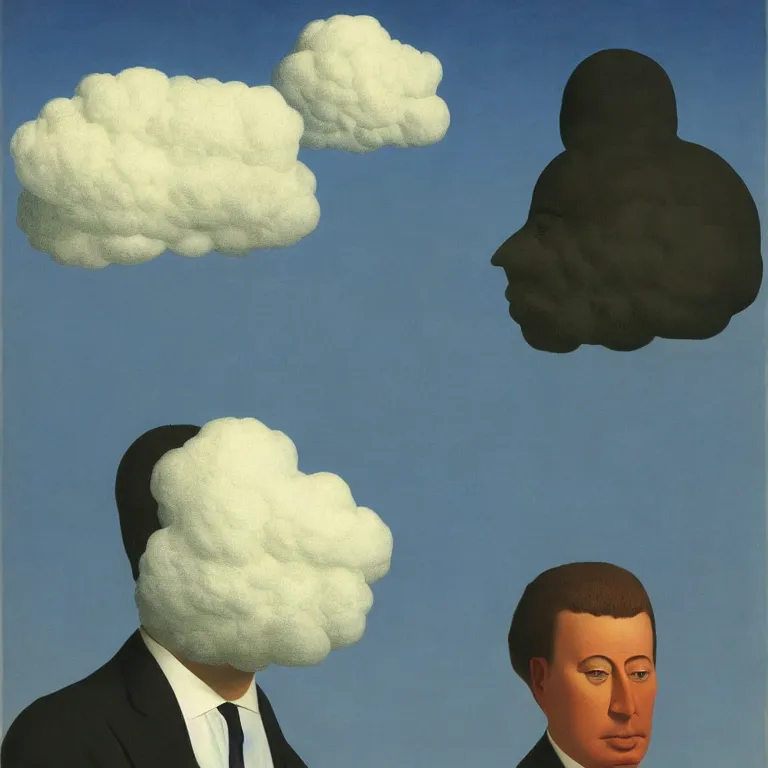 Prompt: portrait of a man whos head is hidden with a cloud, by rene magritte, detailed painting, hd, hq, high resolution, high detail, 4 k, 8 k