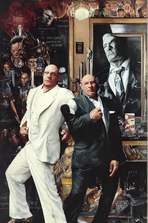 Prompt: full length portrait of morgan aste as a huge gangster wearing a white suit and spats standing beside much smaller robert deniro wearing shirt and pants, cafe in background, by lawrence alma tadema and zdzislaw beksinski and norman rockwell and jack kirby and tom lovell and greg staples