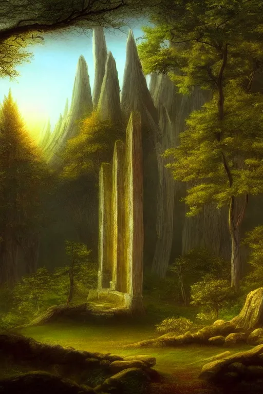 Image similar to fantasy landscape with elven temple in a forest, calm serene atmosphere, in the style of hudson river school