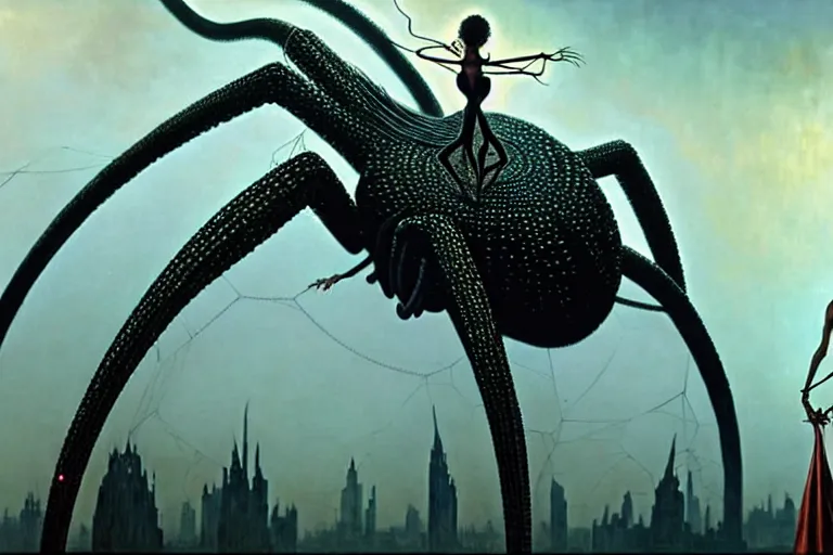 Image similar to realistic detailed photorealistic portrait movie shot of a beautiful black woman riding a giant spider, dystopian city landscape background by denis villeneuve, amano, yves tanguy, alphonse mucha, ernst haeckel, jean delville, david lynch, edward robert hughes, roger dean, cyber necklace, rich moody colours, cyber patterns, wide angle