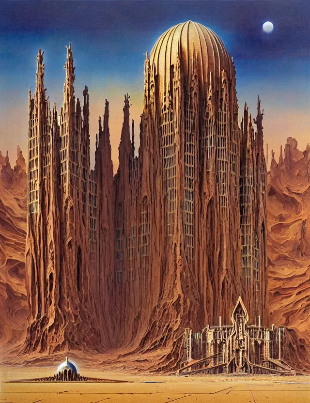 Prompt: giant immense crematorium advanced technology sci - fi architectural structure on desert planet, gothic architecture fantasy, d & d, intricate, painting by lucian freud and mark brooks, bruce pennington