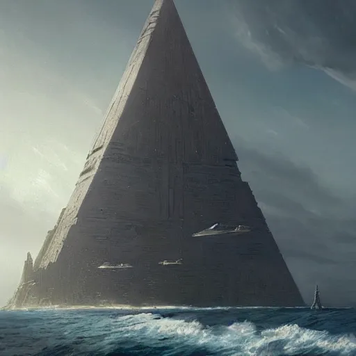 Prompt: star wars concept art by greg rutkowski, a palatial and imposing tall god humanoid back view of pyramid tech tower emerging from the sea in the middle of a ocean landscape, enigmatic atmosphere, beautiful and cinematic lighting, artstation hq.