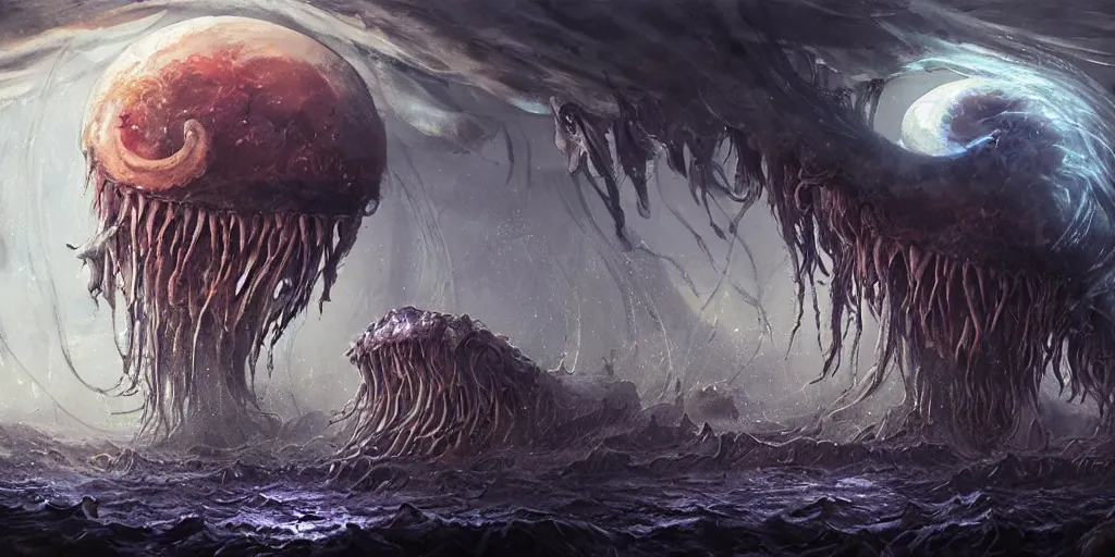 Prompt: concept art of giant translucent jellyfishes, lovecraftian, lots of teeth, melting horror, round moon, rich clouds, fighting the horrors of the unknown, high resolution, very detailed, roaring, volumetric light, mist, grim, fine art, decaying, textured oil over canvas, epic fantasy art, very colorful, ornate, anato finnstark