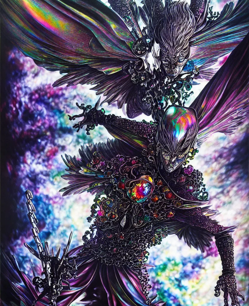 Image similar to realistic detailed image of ultra wrathful rainbow diamond iridescent mega griffith from berserk, depth perception, depth of field, action horror by ayami kojima, neo - gothic, gothic, part by adrian ghenie and gerhard richter. art by yoshitaka amano. masterpiece