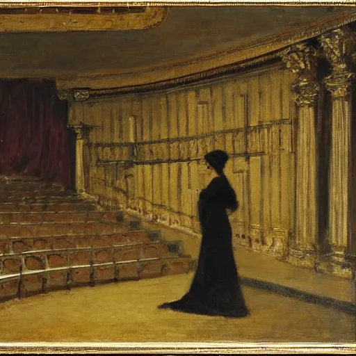 Image similar to an actress on stage in an old theater, only a single visitor in the audience, by alfred stevens