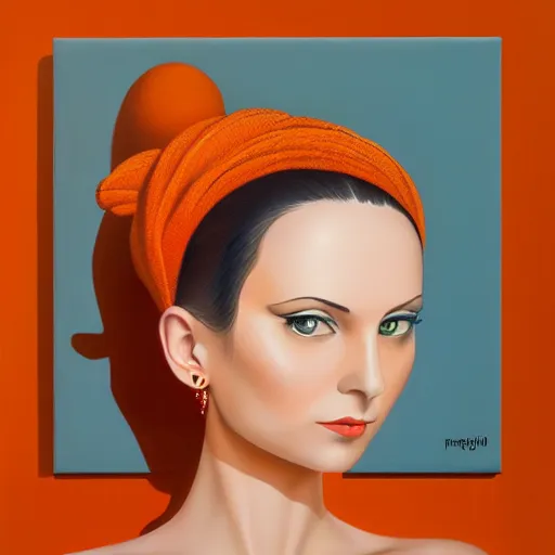 Image similar to a painting of a beautiful woman!!! wearing orange, an ultrafine detailed painting by rafal olbinski, behance contest winner, pop surrealism, detailed painting, very detailed, minimalist, airbrush art