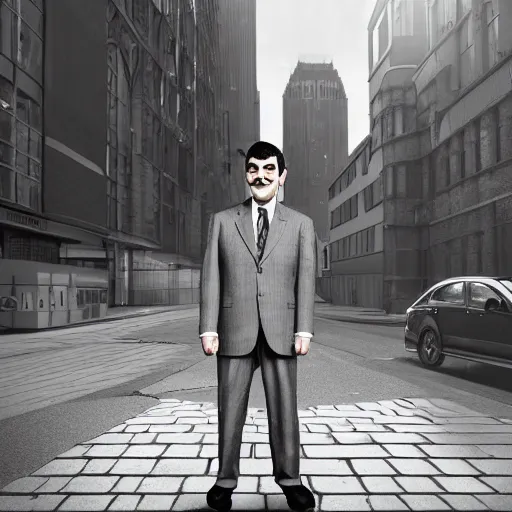 Image similar to mr. bean on the street, black and white color aesthetic, highly detailed, photorealistic portrait, bright studio setting, studio lighting, crisp quality and light reflections, unreal engine 5 quality render