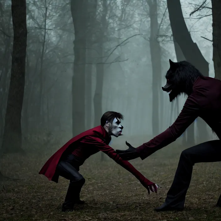 Image similar to photograph of a real-life beautiful vampire confronting a werewolf. 8k