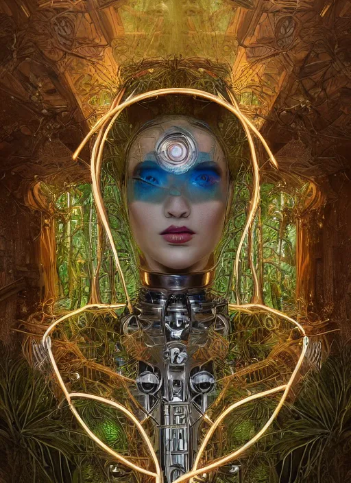 Image similar to symmetrical renaissance painting of android woman covered by plants and crystalsin the mystical forest, beautiful symmetrical face, wires and cords, golden steampunk, retro futurism, sci - fi, filigree jewellery, baroque, cinematic light, mystical shadows, 8 k